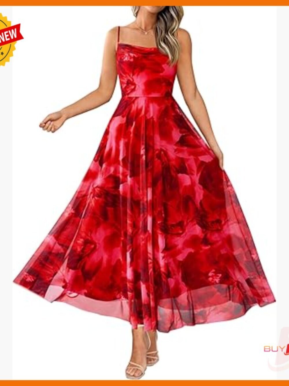 Spaghetti Strap Maxi Dress Floral Print Mesh Fabric Cowl Neck Party